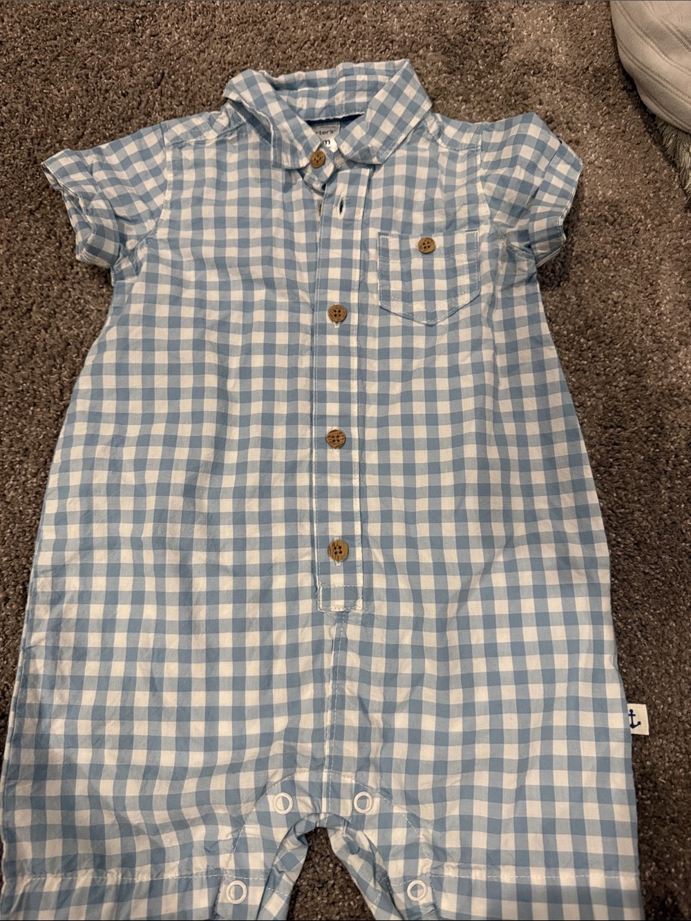 Carters blue checkered button romper with sun hat